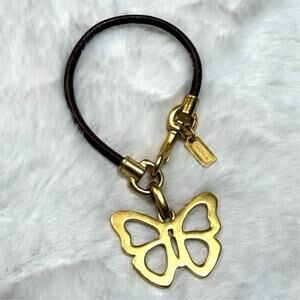 COACH Brown Leather Gold Tone Hook Clip with Butterfly Bracelet